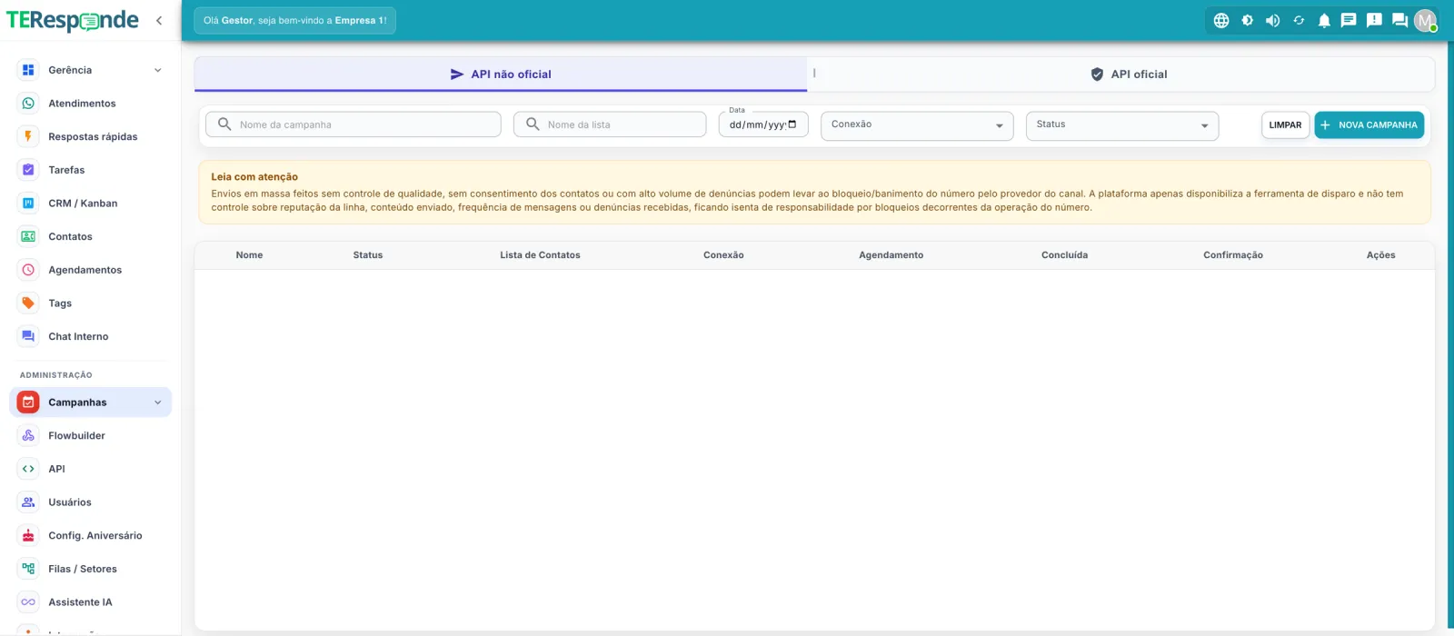 Tela de campanhas do TeResponde, com filtros por lista, conexão e status, e aviso sobre boas práticas de envio