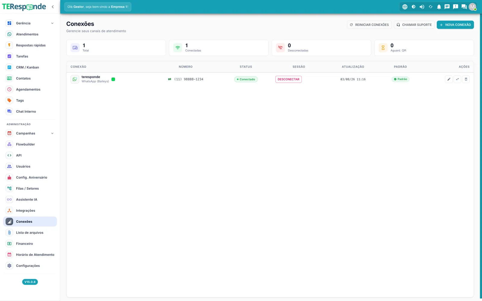 Tela de conexões do TeResponde mostrando um número de WhatsApp conectado, com status da sessão e data da última atualização