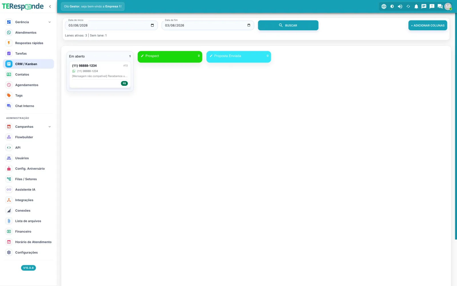 Quadro de CRM em Kanban do TeResponde com as colunas Em aberto, Prospect e Proposta Enviada